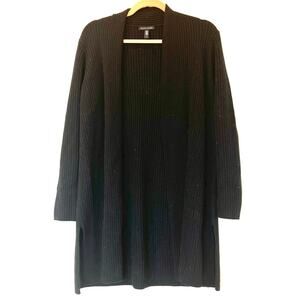 Eileen Fisher 100% merino wool black ribbed long open cardigan small capsule